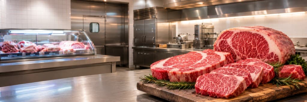 精肉カウンターで仕込まれた牛肉と専門厨房の様子