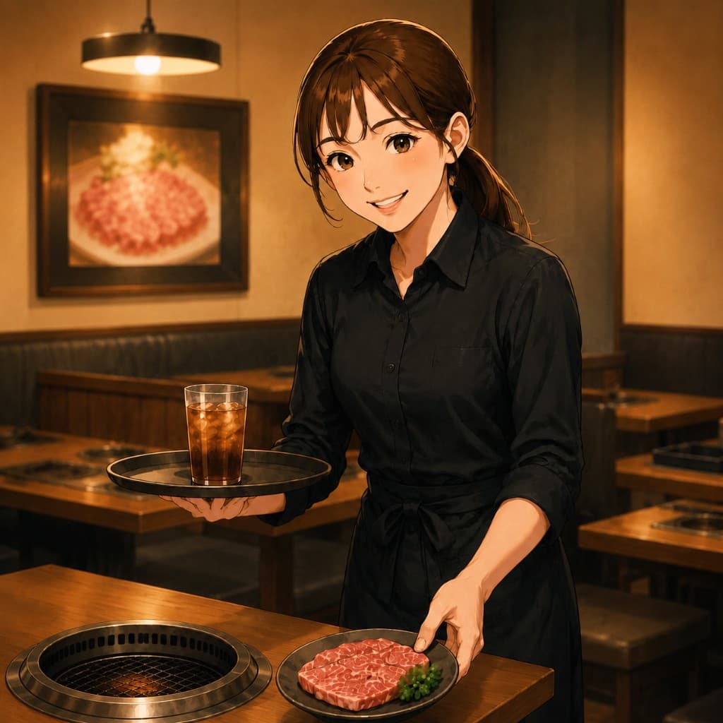 焼肉店でホールとしてお客様へ料理を運ぶスタッフのイラスト