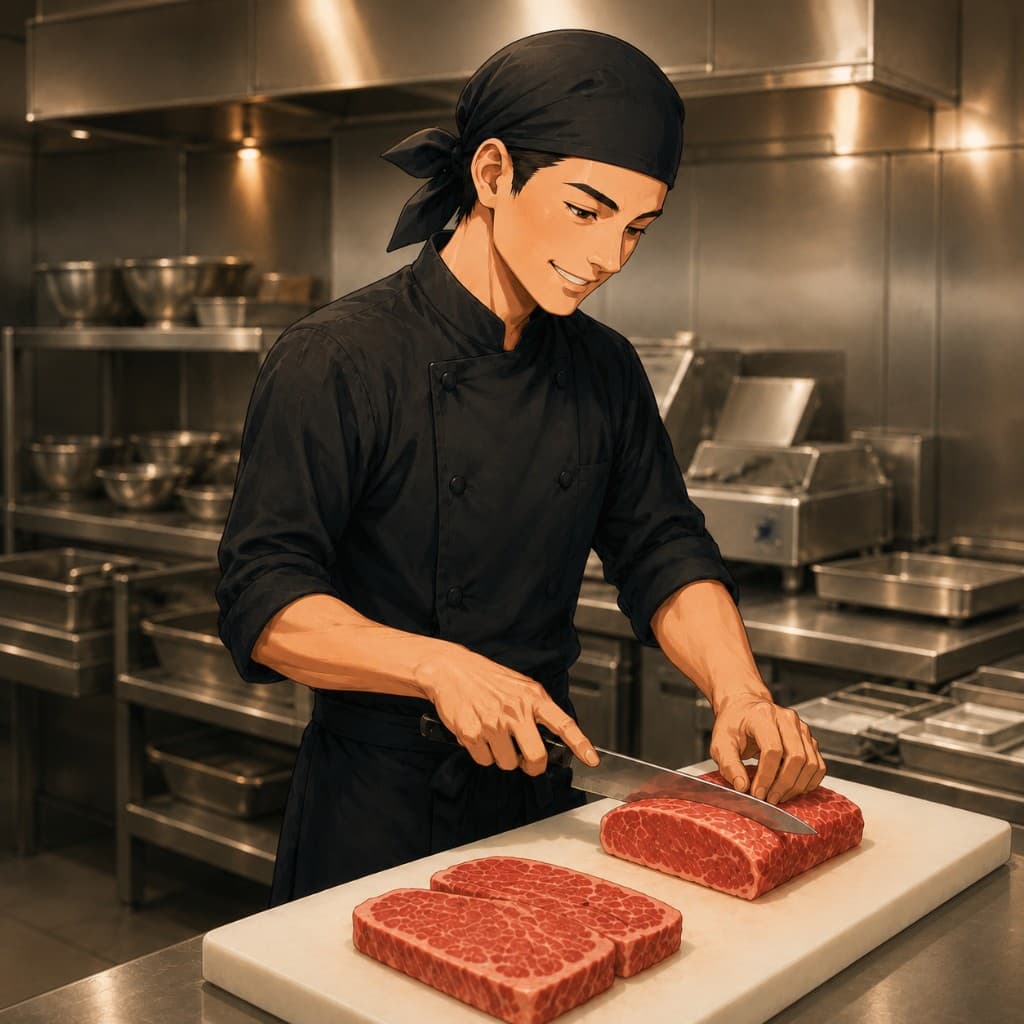 厨房で肉の切り分けを行うシェフのイラスト