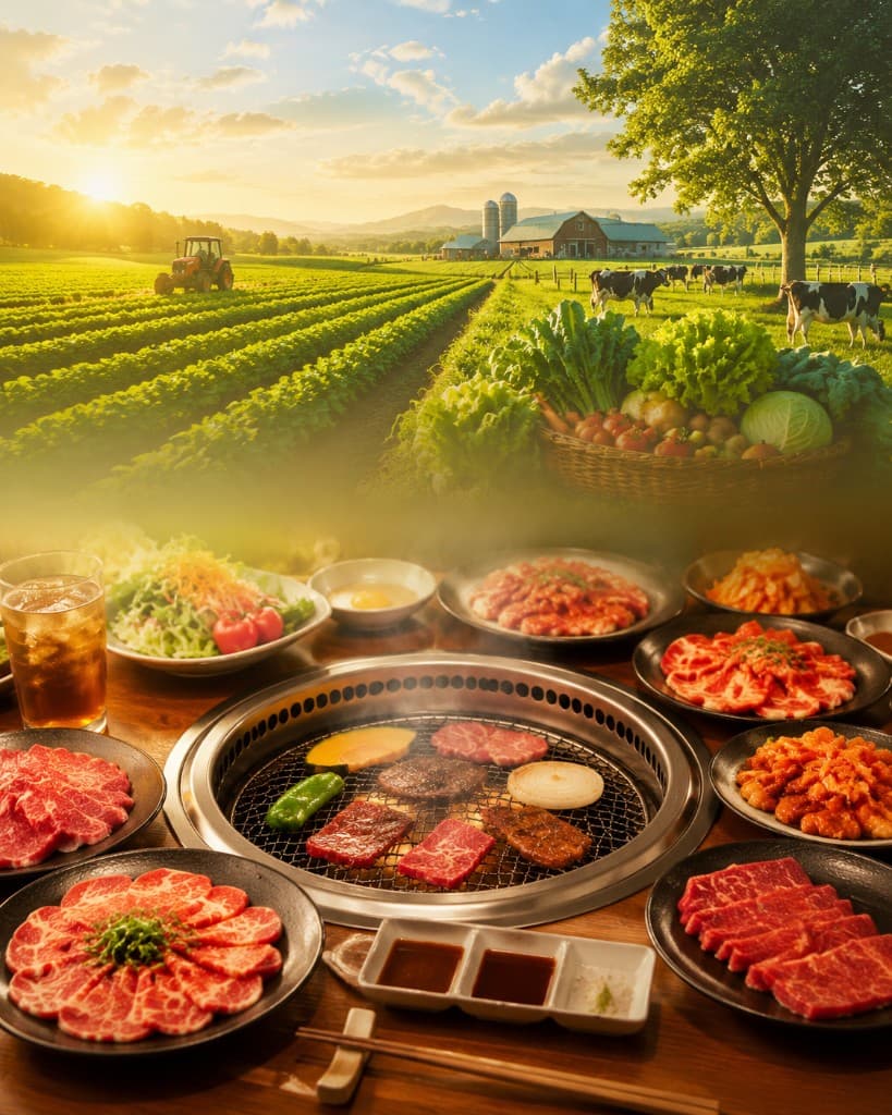夕景を望む焼肉の卓と霜降り肉の料理風景